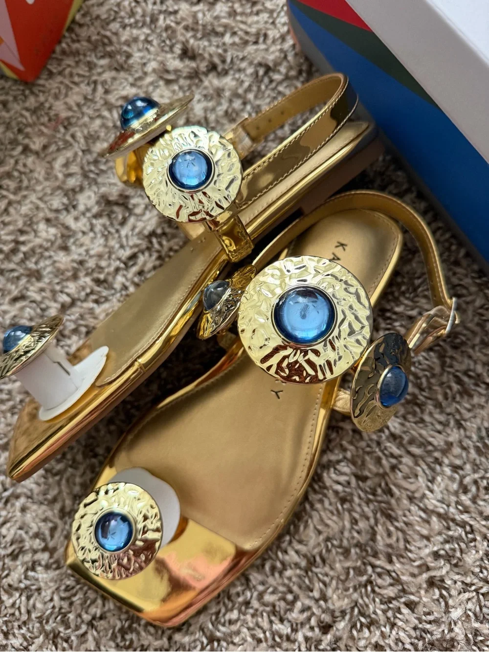Katy Perry Collections Gold Metallic Sandals with Blue Jewel Accents - Picture 3 of 10
